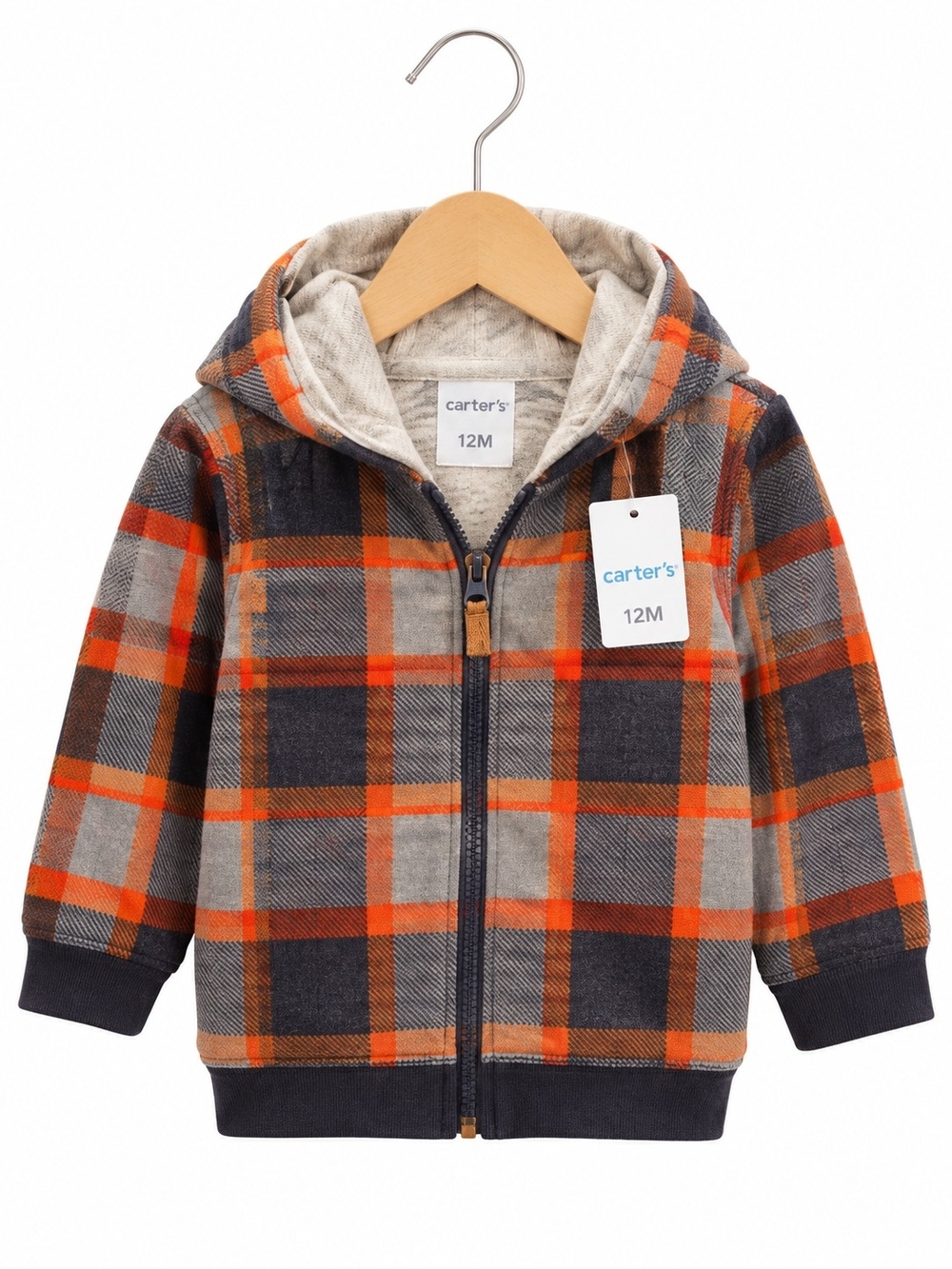Carter's Hooded Plaid Zip Jacket in Orange, Gray & Navy